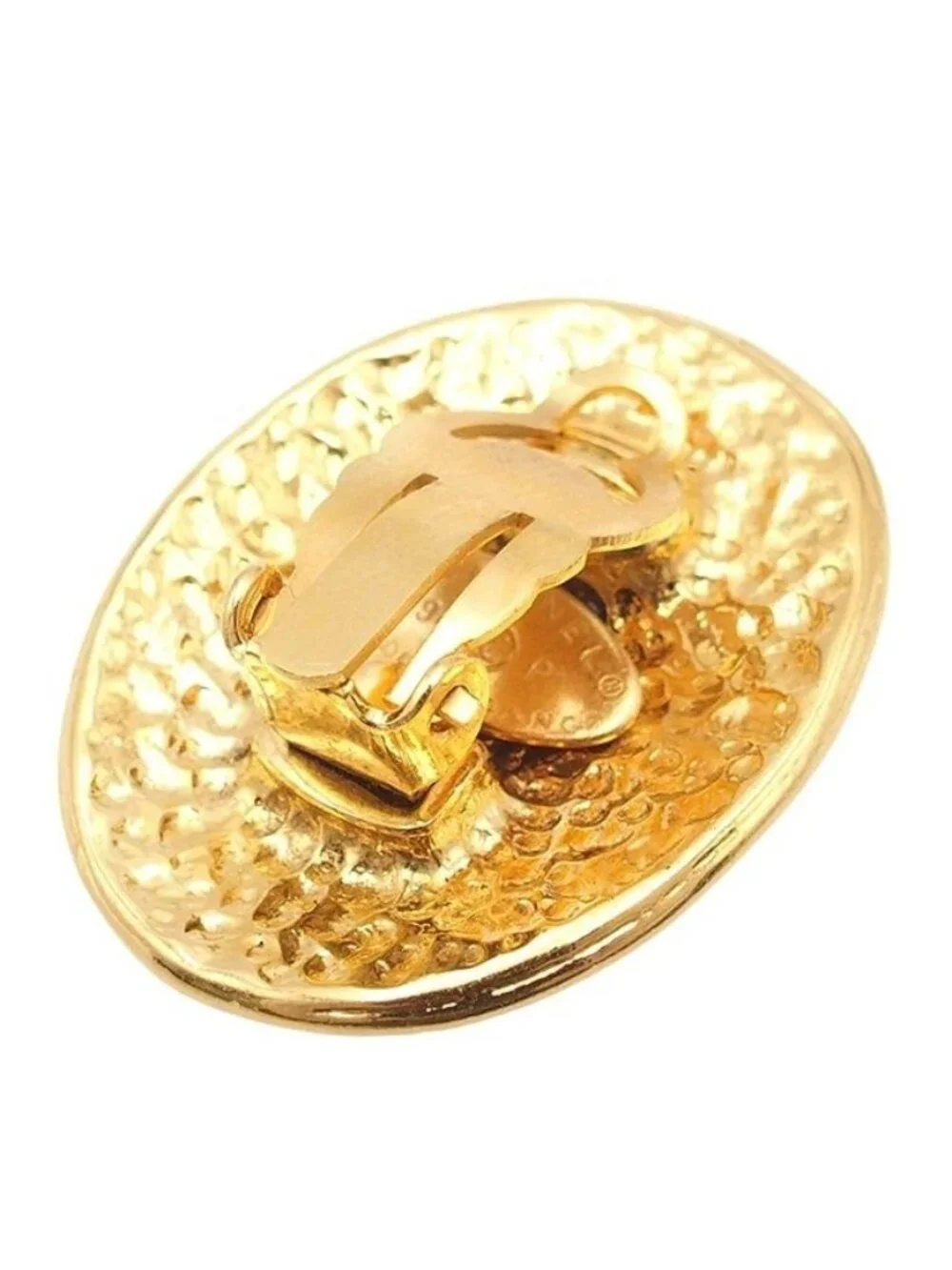 Chanel Earrings Gold Metal Oval CC Logo Vintage